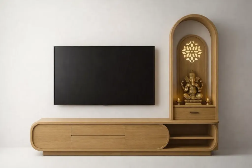Traditional Plywood TV Cabinet with Temple Unit | Luxury Wooden Entertainment Console