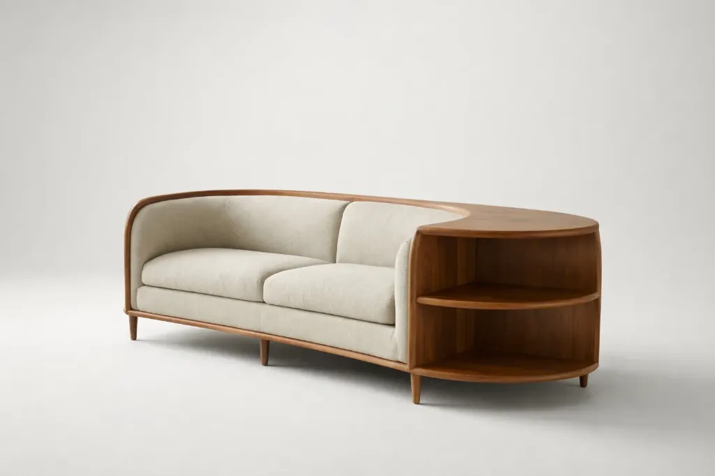 Creative Sheesham Wood Curved Sofa with Integrated Side Table & Shelves – Beige