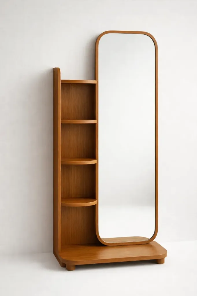 Luxury Saagwaan Wood Dressing Mirror with Storage Shelves – Minimalist Full Length Mirror Stand